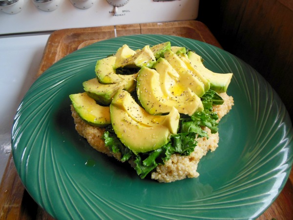 cheesy quinoa with avocado and kale
