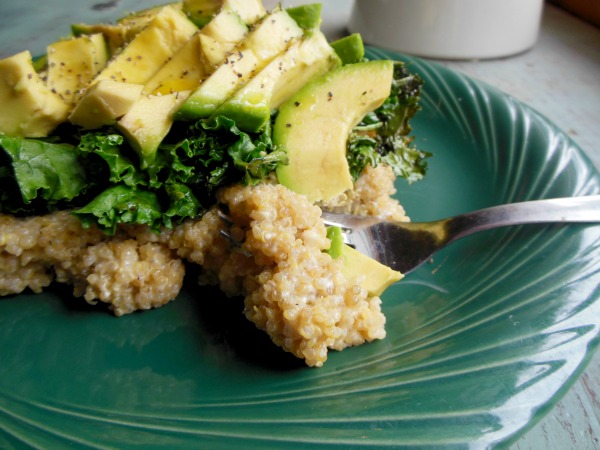chesy quinoa with avocado and kale