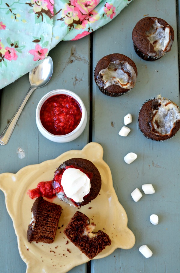 cocoa mallow cupcakes with raspberry glaze