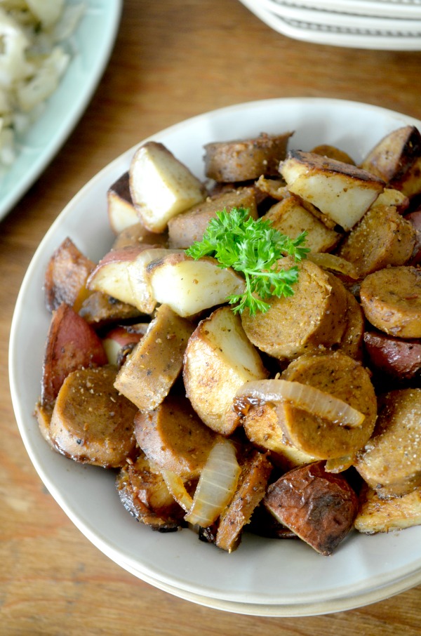vegan sausage and potates